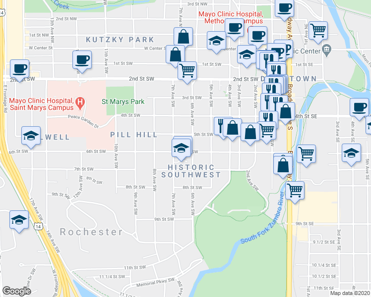 map of restaurants, bars, coffee shops, grocery stores, and more near 609 6th Street Southwest in Rochester
