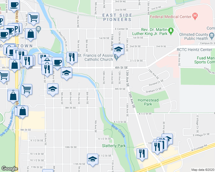 map of restaurants, bars, coffee shops, grocery stores, and more near 1011 1/2 6th Street Southeast in Rochester