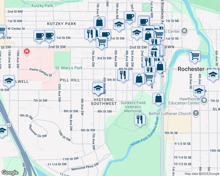 map of restaurants, bars, coffee shops, grocery stores, and more near 515 6th Street Southwest in Rochester