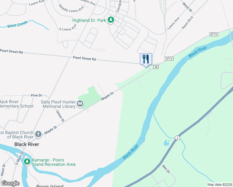 map of restaurants, bars, coffee shops, grocery stores, and more near 250 Maple Street in Black River