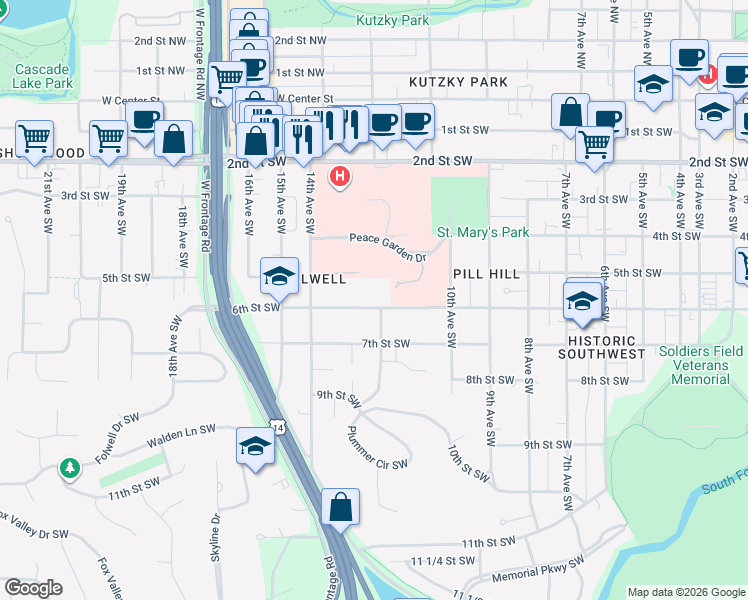 map of restaurants, bars, coffee shops, grocery stores, and more near 1201 6th Street Southwest in Rochester
