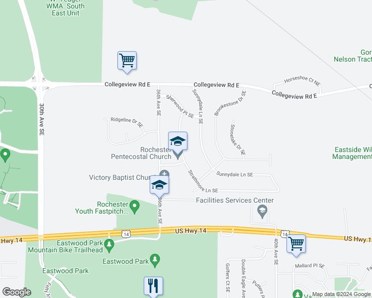 map of restaurants, bars, coffee shops, grocery stores, and more near 410 Strathmore Lane Southeast in Rochester