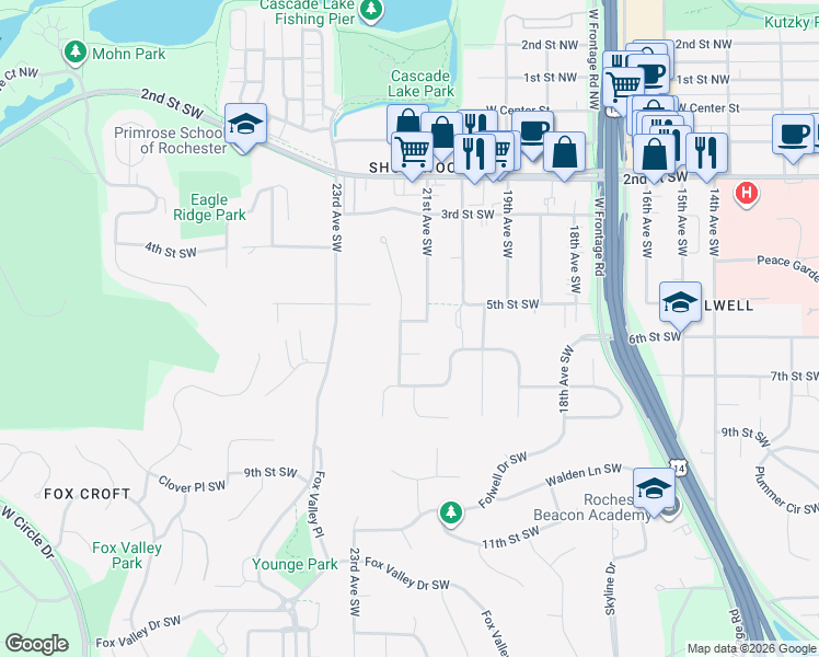map of restaurants, bars, coffee shops, grocery stores, and more near 2194 Folwell Ridge Street Southwest in Rochester