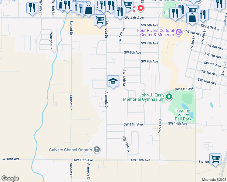 map of restaurants, bars, coffee shops, grocery stores, and more near 1252 Alameda Drive in Ontario