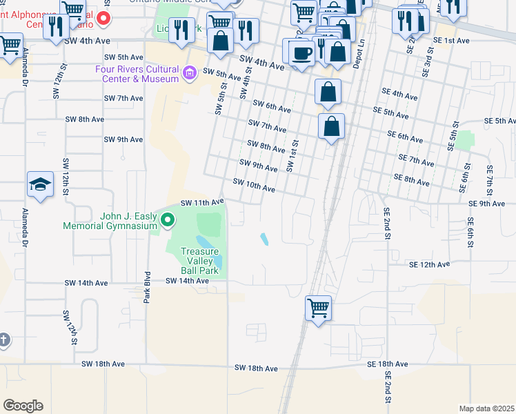 map of restaurants, bars, coffee shops, grocery stores, and more near 204 Southwest 2nd Street in Ontario