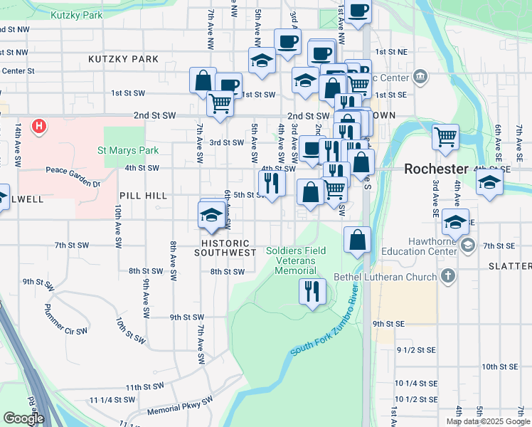 map of restaurants, bars, coffee shops, grocery stores, and more near 415 6th St SW in Rochester