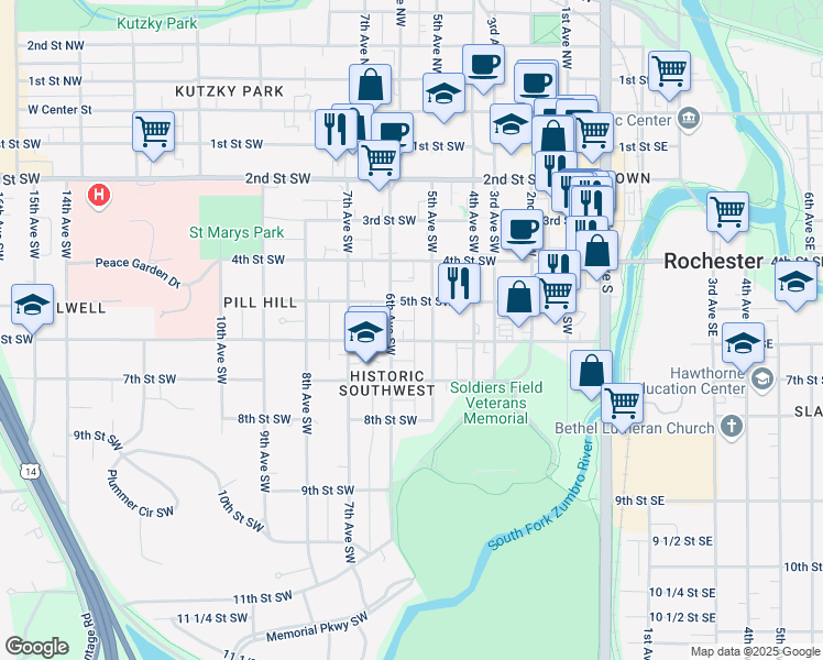 map of restaurants, bars, coffee shops, grocery stores, and more near 515 6th St SW in Rochester