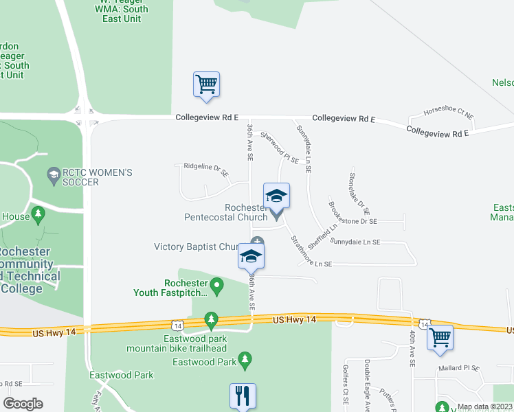 map of restaurants, bars, coffee shops, grocery stores, and more near 408 36th Avenue Southeast in Rochester