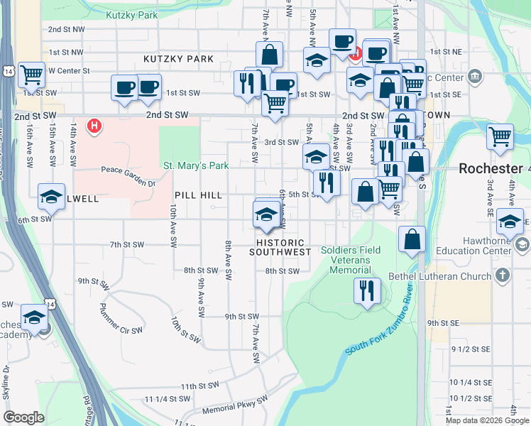 map of restaurants, bars, coffee shops, grocery stores, and more near 609 6th Street Southwest in Rochester