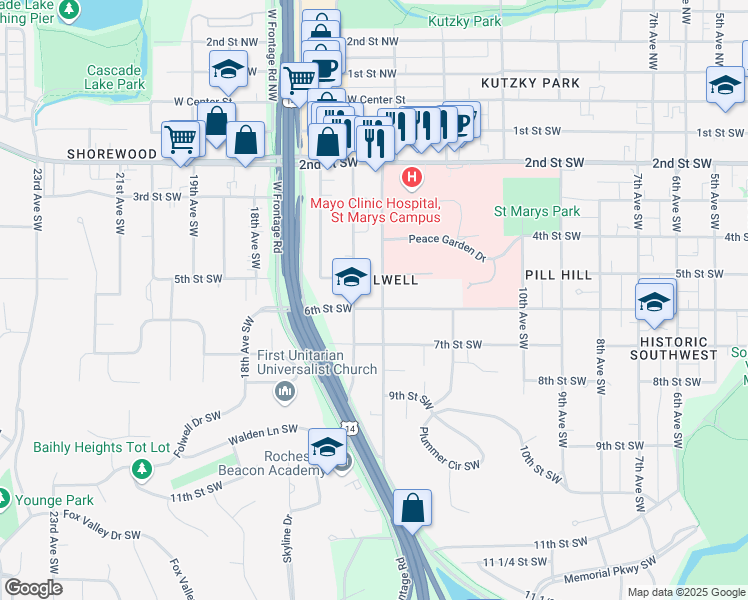 map of restaurants, bars, coffee shops, grocery stores, and more near 534 14th Avenue Southwest in Rochester