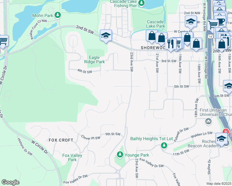 map of restaurants, bars, coffee shops, grocery stores, and more near 2404 5th Street Southwest in Rochester