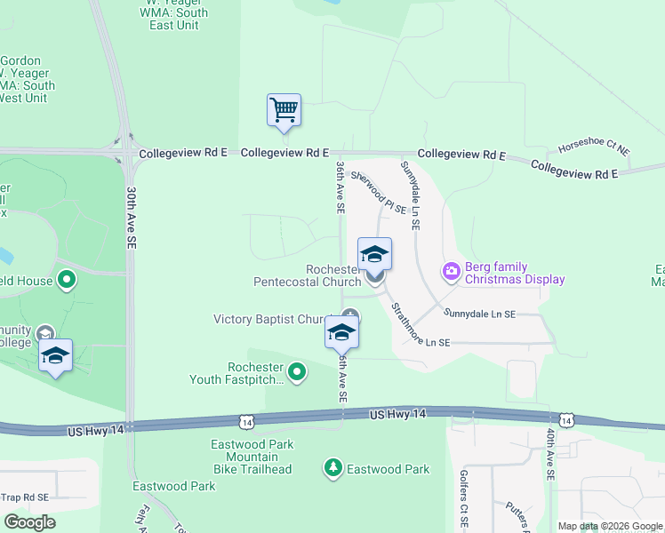 map of restaurants, bars, coffee shops, grocery stores, and more near 404 36th Avenue Southeast in Rochester
