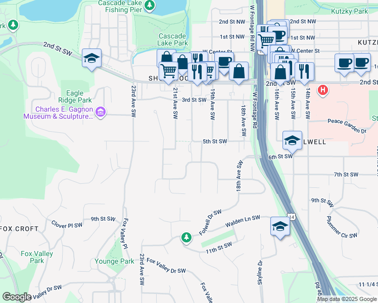 map of restaurants, bars, coffee shops, grocery stores, and more near 2020 5th Street Southwest in Rochester