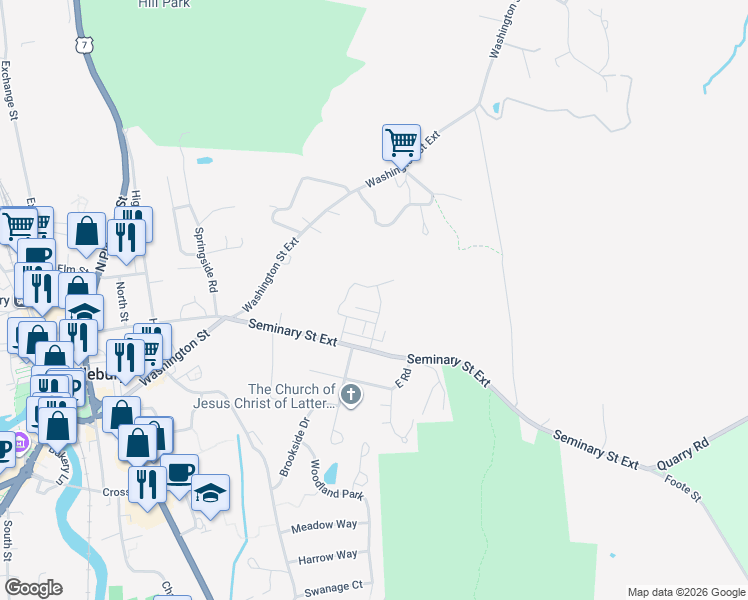 map of restaurants, bars, coffee shops, grocery stores, and more near 76 Seminary Street Extension in Middlebury