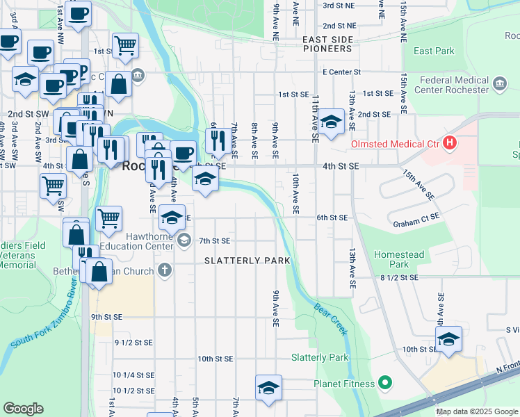 map of restaurants, bars, coffee shops, grocery stores, and more near 516 8th Avenue Southeast in Rochester