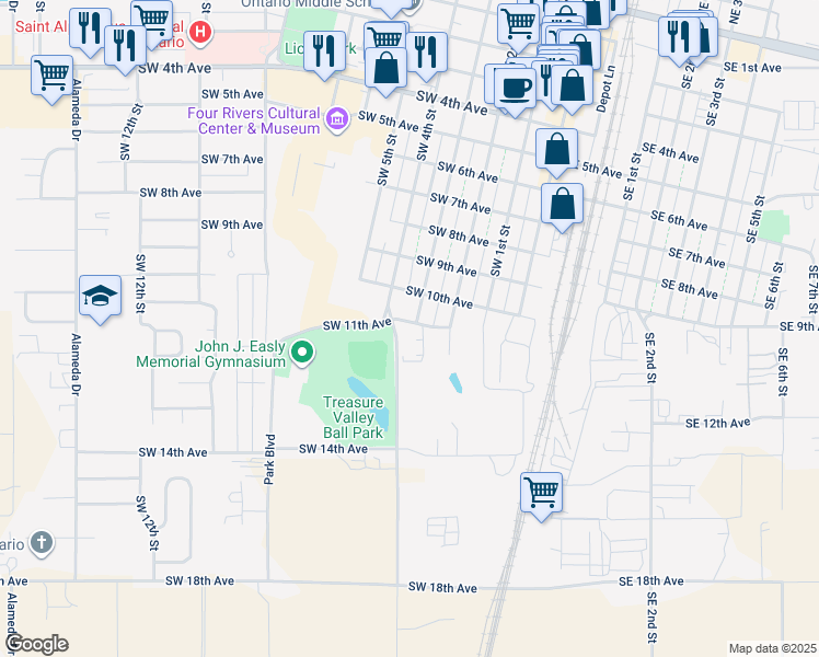 map of restaurants, bars, coffee shops, grocery stores, and more near 1108 Southwest 4th Street in Ontario