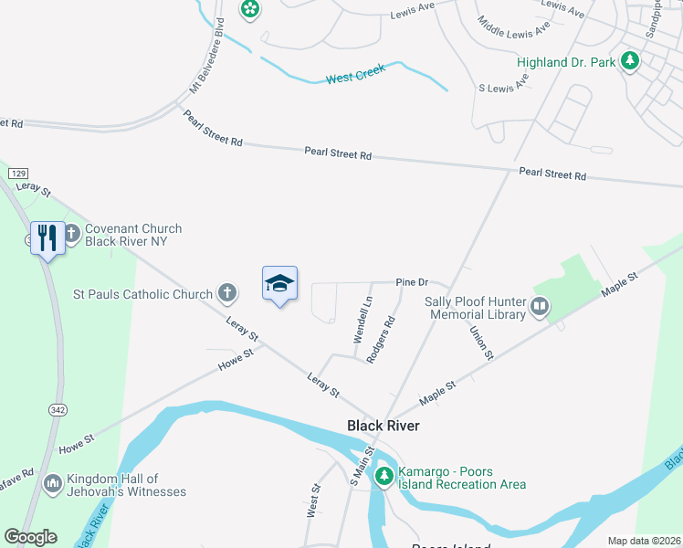 map of restaurants, bars, coffee shops, grocery stores, and more near 126 Pine Drive in Black River
