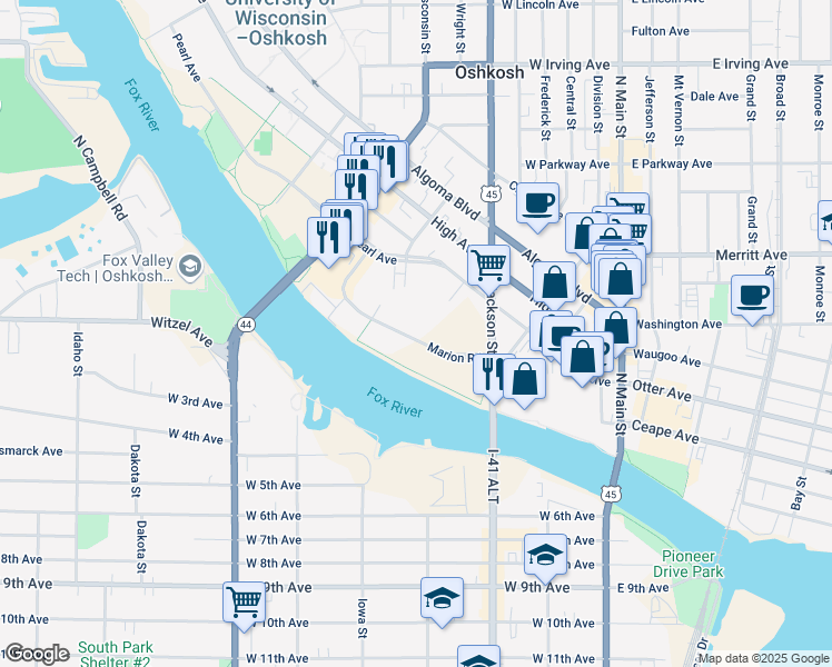 map of restaurants, bars, coffee shops, grocery stores, and more near 460 Marion Road in Oshkosh