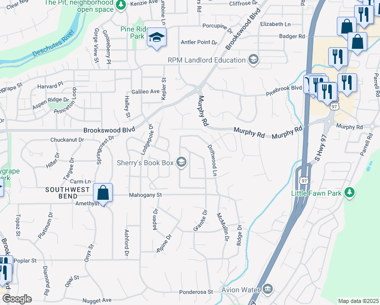 map of restaurants, bars, coffee shops, grocery stores, and more near 61070 Kings Lane in Bend
