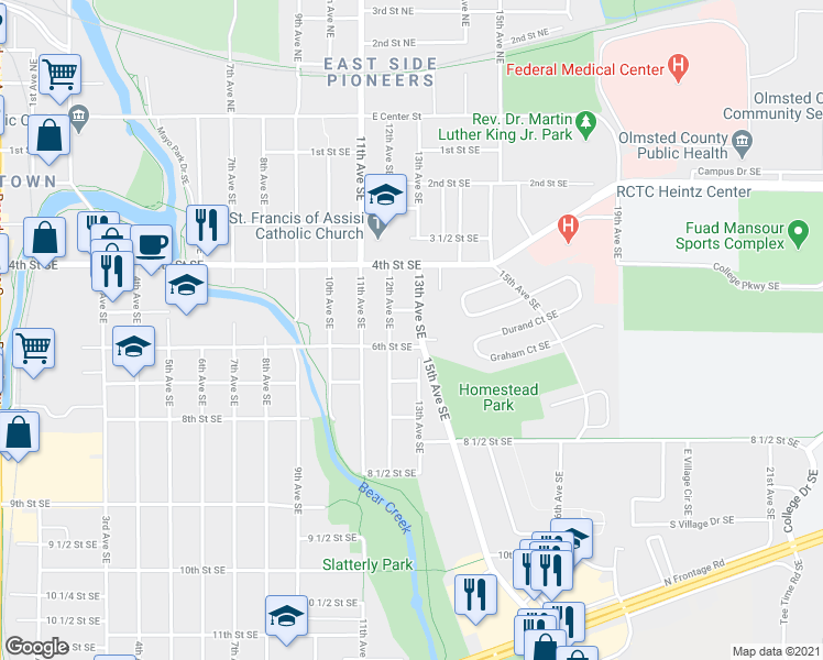 map of restaurants, bars, coffee shops, grocery stores, and more near 517 13th Avenue Southeast in Rochester