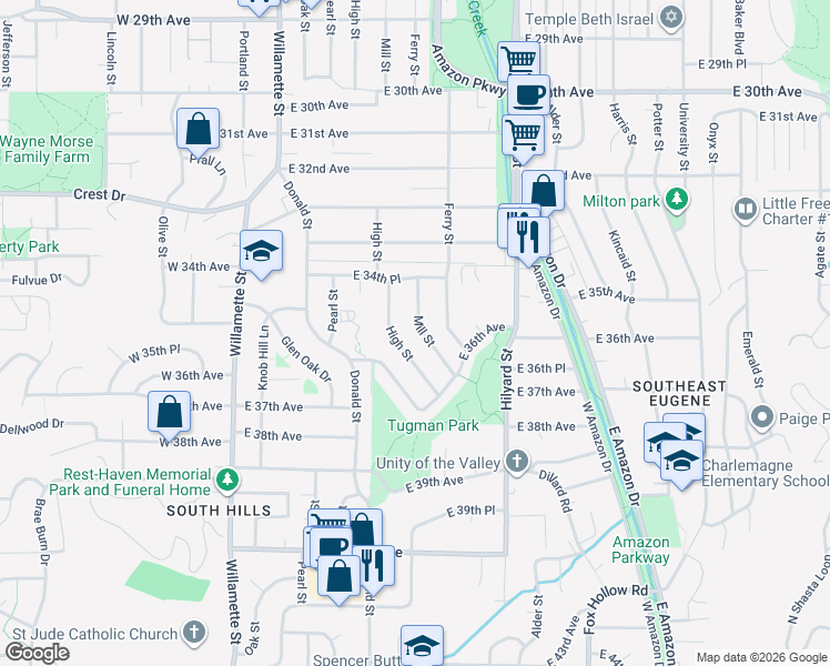 map of restaurants, bars, coffee shops, grocery stores, and more near 3540 Mill Street in Eugene