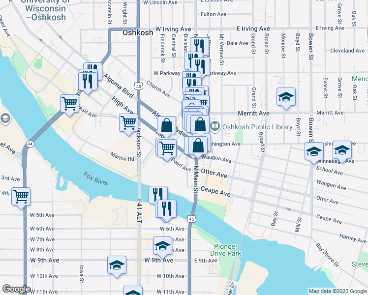 map of restaurants, bars, coffee shops, grocery stores, and more near 100 High Avenue in Oshkosh