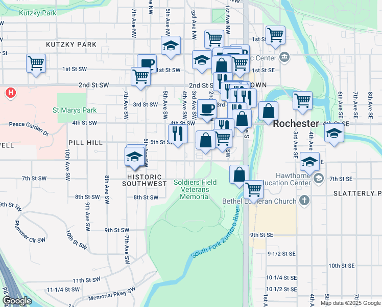 map of restaurants, bars, coffee shops, grocery stores, and more near 511 3rd Avenue Southwest in Rochester