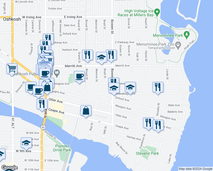 map of restaurants, bars, coffee shops, grocery stores, and more near 701 Shawano Avenue in Oshkosh