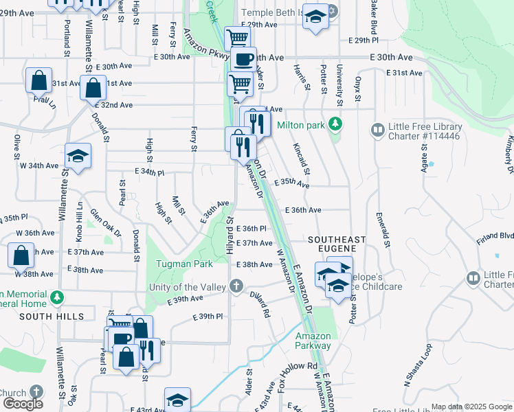 map of restaurants, bars, coffee shops, grocery stores, and more near 822 East 35th Place in Eugene
