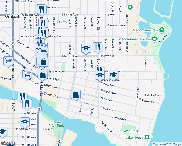 map of restaurants, bars, coffee shops, grocery stores, and more near 701 Shawano Avenue in Oshkosh