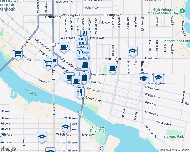 map of restaurants, bars, coffee shops, grocery stores, and more near 105 Washington Avenue in Oshkosh