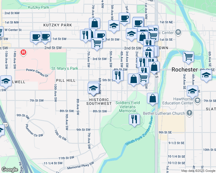 map of restaurants, bars, coffee shops, grocery stores, and more near 515 6th Street Southwest in Rochester