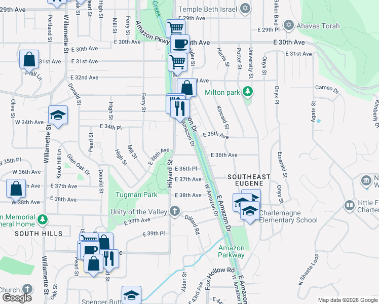 map of restaurants, bars, coffee shops, grocery stores, and more near 822 East 35th Place in Eugene