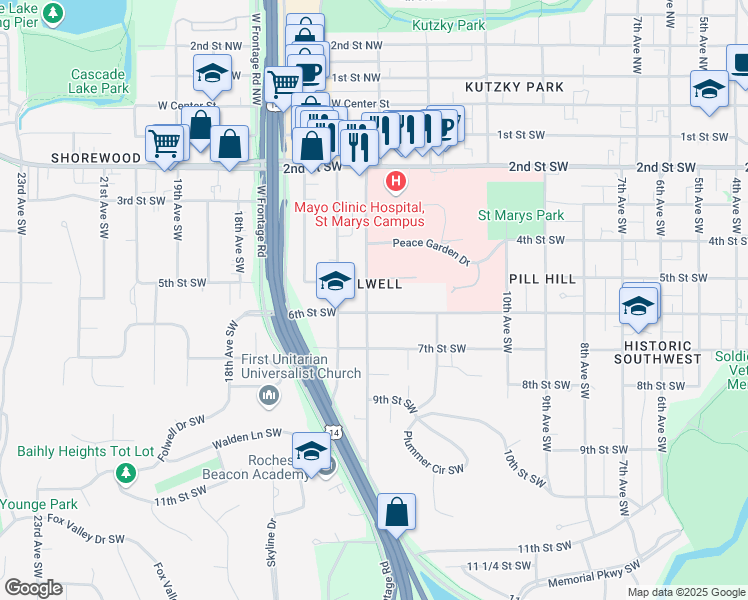 map of restaurants, bars, coffee shops, grocery stores, and more near 534 14th Avenue Southwest in Rochester