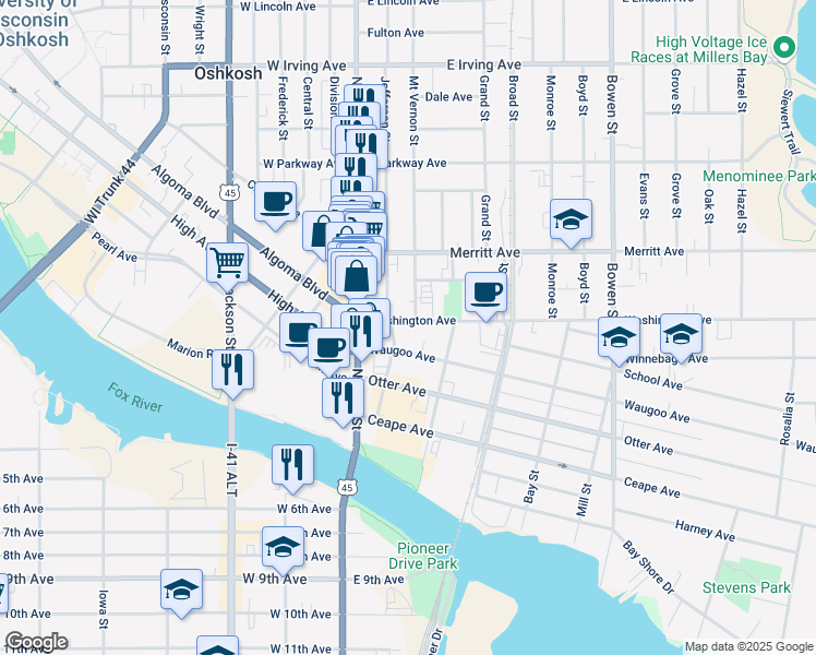 map of restaurants, bars, coffee shops, grocery stores, and more near 105 Washington Avenue in Oshkosh