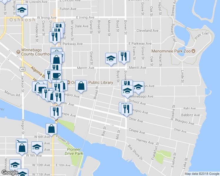 map of restaurants, bars, coffee shops, grocery stores, and more near 541 Washington Avenue in Oshkosh