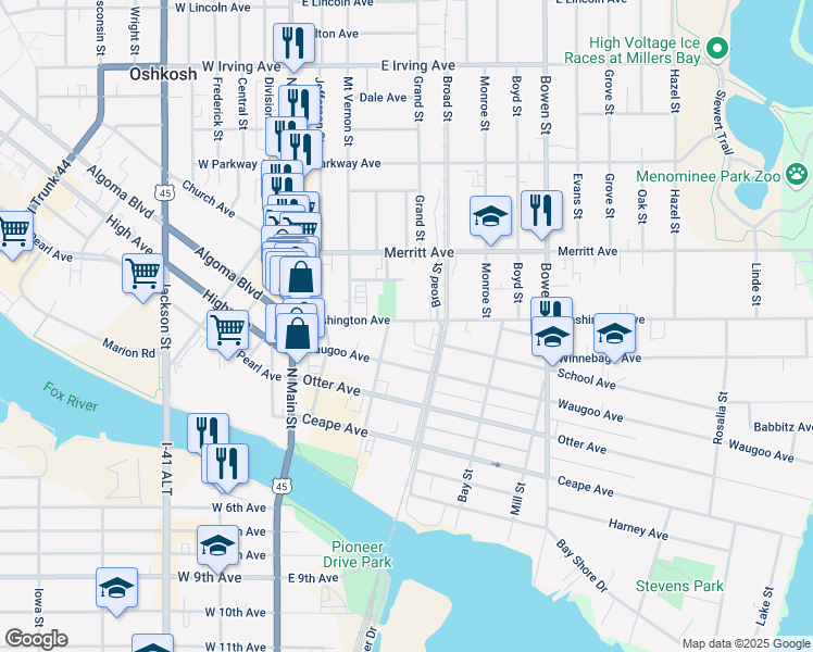 map of restaurants, bars, coffee shops, grocery stores, and more near 313 Washington Avenue in Oshkosh