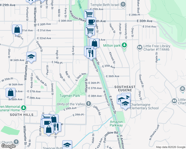 map of restaurants, bars, coffee shops, grocery stores, and more near 755 East 36th Avenue in Eugene