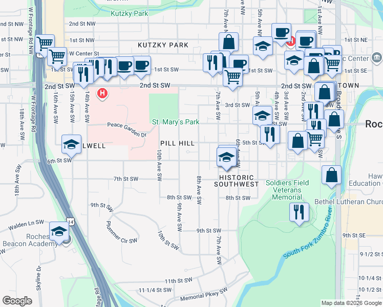 map of restaurants, bars, coffee shops, grocery stores, and more near 523 8th Avenue Southwest in Rochester