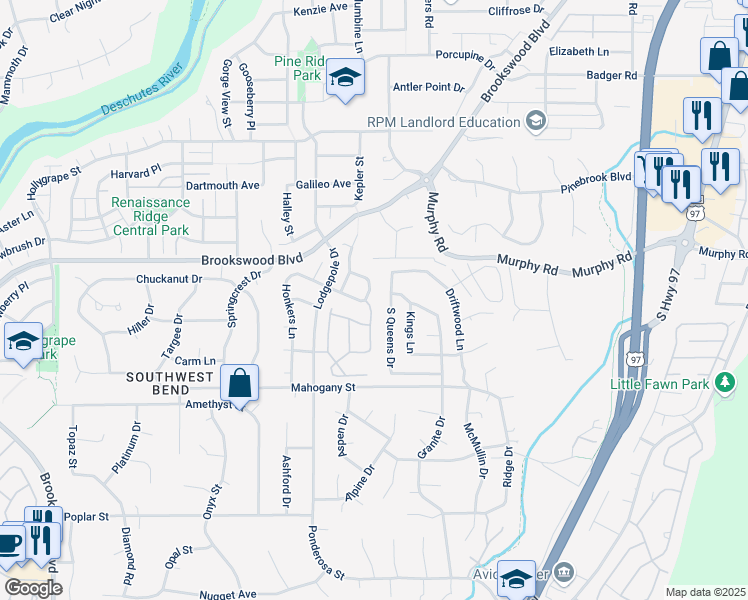 map of restaurants, bars, coffee shops, grocery stores, and more near 19861 Duck Call Lane in Bend