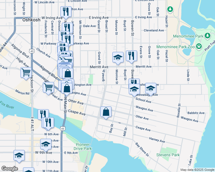 map of restaurants, bars, coffee shops, grocery stores, and more near 503 Washington Avenue in Oshkosh