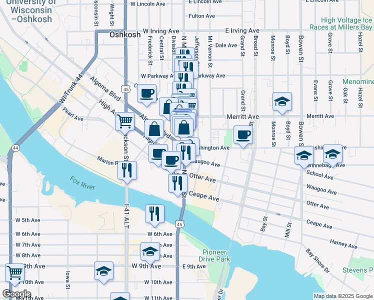 map of restaurants, bars, coffee shops, grocery stores, and more near 17 Washington Avenue in Oshkosh