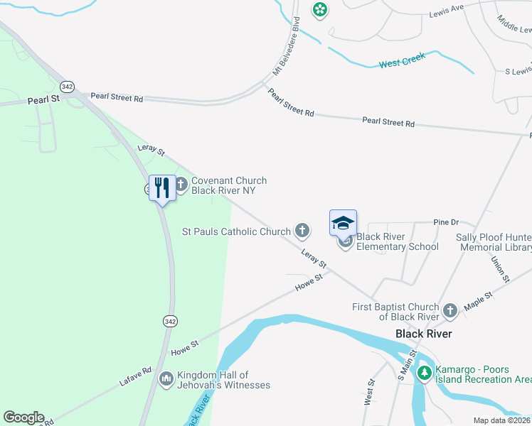 map of restaurants, bars, coffee shops, grocery stores, and more near 224 Leray Street in Black River