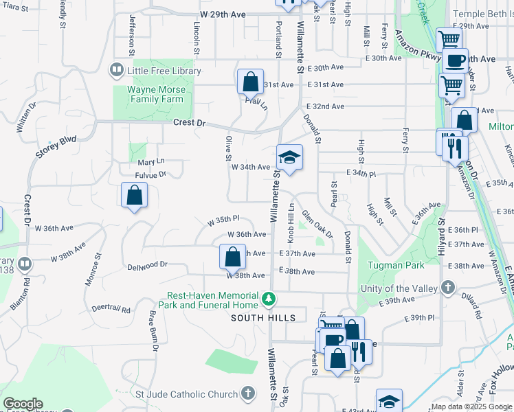 map of restaurants, bars, coffee shops, grocery stores, and more near 50 West 35th Avenue in Eugene