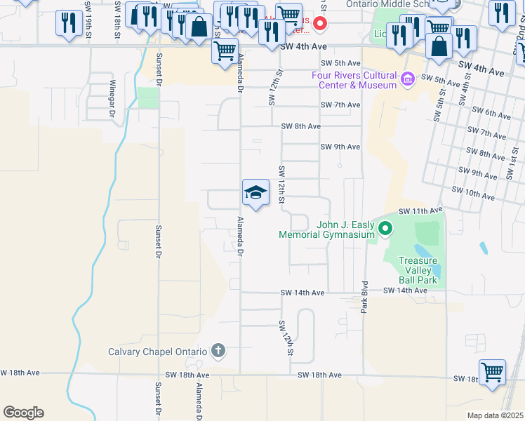 map of restaurants, bars, coffee shops, grocery stores, and more near 1252 Alameda Drive in Ontario