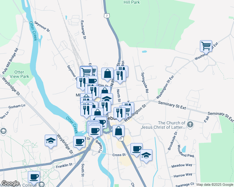 map of restaurants, bars, coffee shops, grocery stores, and more near 3 North Street in Middlebury
