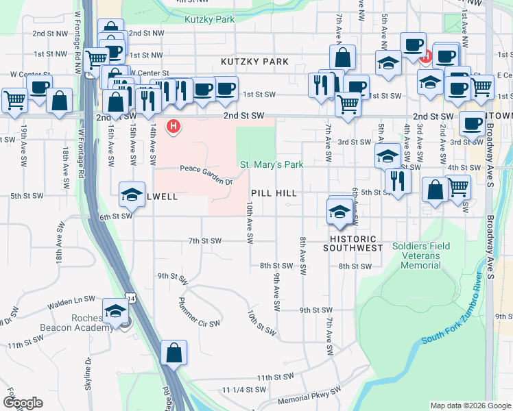 map of restaurants, bars, coffee shops, grocery stores, and more near 510 10th Avenue Southwest in Rochester