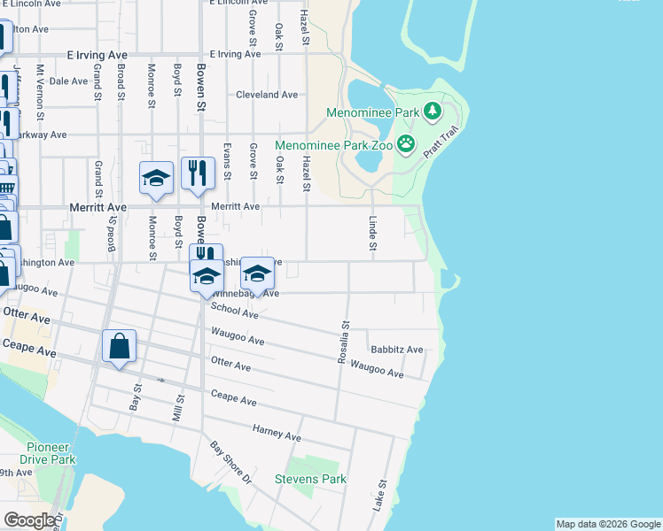 map of restaurants, bars, coffee shops, grocery stores, and more near 1225 Washington Avenue in Oshkosh