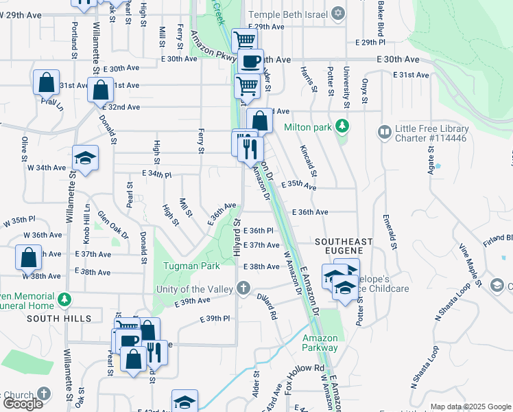 map of restaurants, bars, coffee shops, grocery stores, and more near 3601 Hilyard Street in Eugene