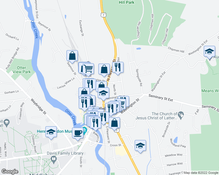 map of restaurants, bars, coffee shops, grocery stores, and more near 3 North Street in Middlebury